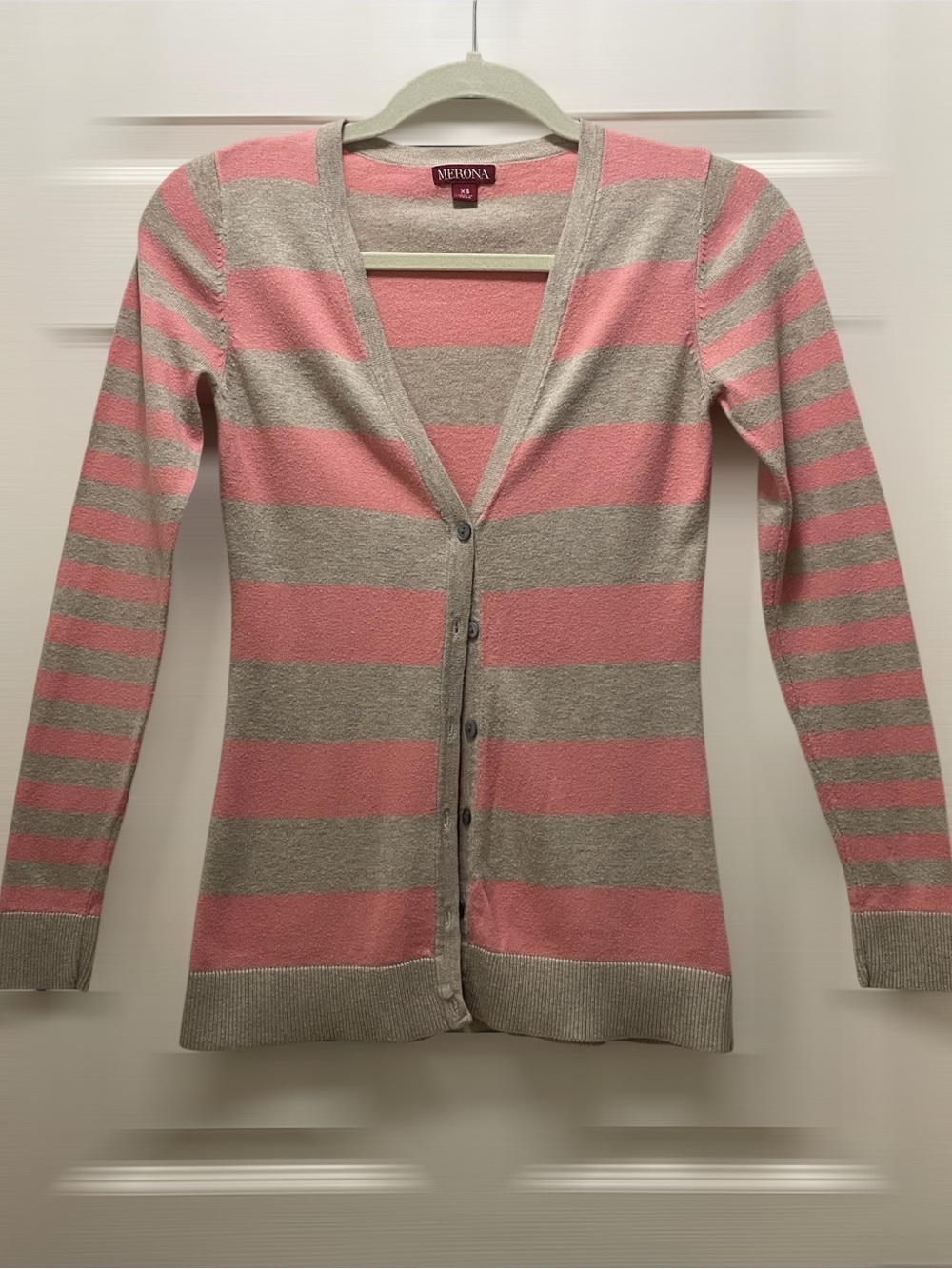 Merona Pink and Gray/Beige Striped V-Neck Button Cardigan